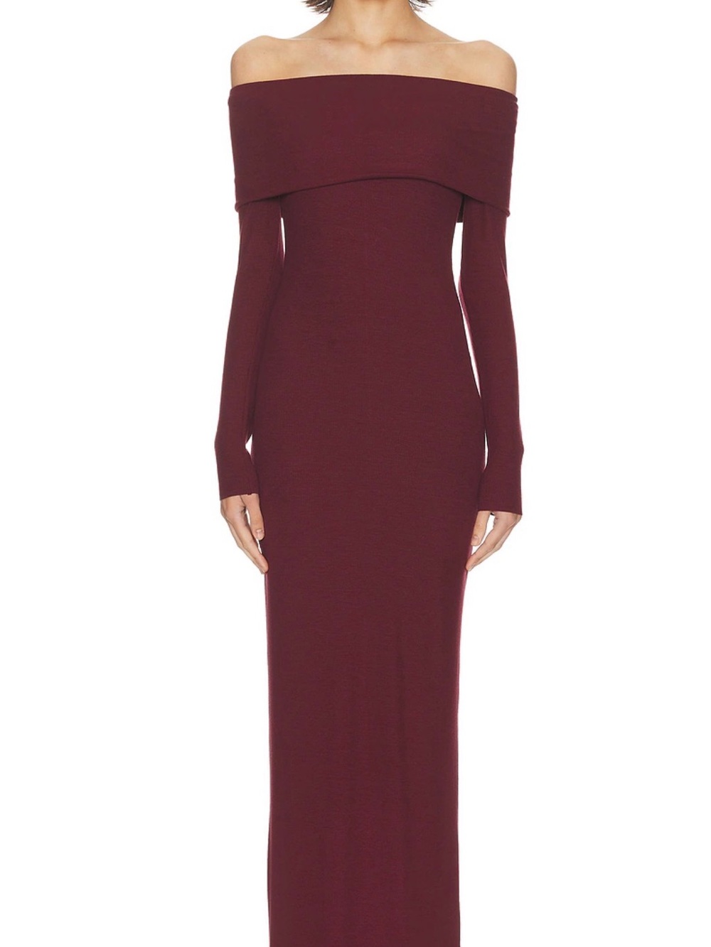 Éterne Oxblood Off-Shoulder Rib Maxi Dress XS